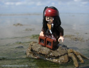 Lego Minifigur Jack Sparrow sitzt im Watt auf dem Rücken einer Krabbe. Das Wasser ist 1cm hoch, im Hintergrund ist das Watt und der Horizont zu sehen. noppenquader minifig moc