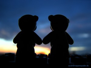zwei lego teddies stehen auf einer Lego Platte und schauen, mit dem Betrachter zugewandten Rücken, in den Sonnenuntergang. noppenquader minifig moc